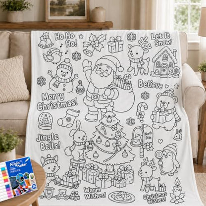 Merry Christmas Coloring Blanket for Adults & Kids - 50 x 60 Inch with 24 Markers