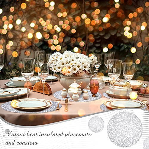Silver Round Placemats 15 Inch Vinyl Set of 12 - Hollow Out Design