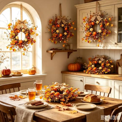 Fall Multi Mini Hanging Wreaths with Maple Leaves Pumpkins Berries Burlap Bow - Set of 4