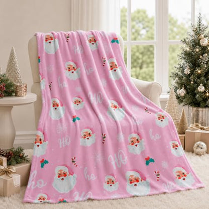 Pink Santa Claus Christmas Throw Blanket 50x60 Inch Cozy Flannel
