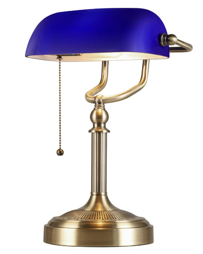 Newrays Blue Glass Bankers Desk Lamp with Pull Chain Switch Plug in Fixture for Home Office,Library
