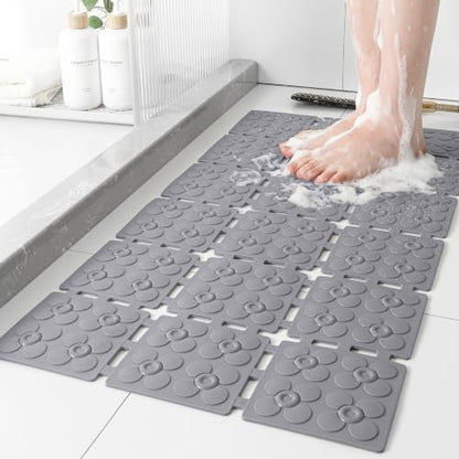 Non Slip Shower Mat 31.5 x 16 Inches Grey - TPE Bath Mat with Suction Cups