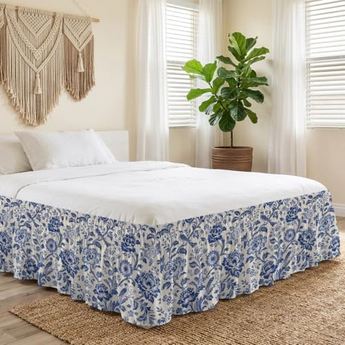 Queen Size Bed Skirt 16 Inch Drop Elastic Ruffled Bed Frame Cover Blue