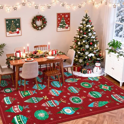 Christmas Rug 5x7 Feet - Red Festive Holiday Decor Non Slip Stain Resistant Low Pile Area Rug with Christmas Balls
