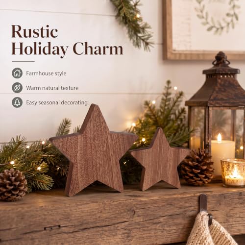 Rustic Wooden Christmas Stars Tabletop Decor Set - 4.72 Inches, 2 Pieces