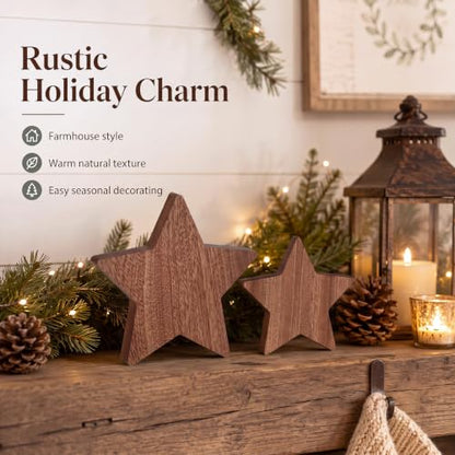Rustic Wooden Christmas Stars Tabletop Decor Set - 4.72 Inches, 2 Pieces
