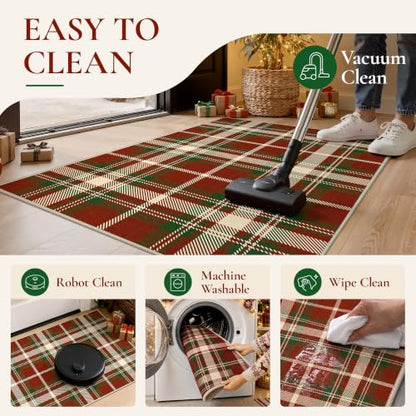 Outdoor Washable Area Rug 8x10 Feet - Red Checkered, Quick Dry for Patio & Entryway - Christmas Red, Non-Slip Backing