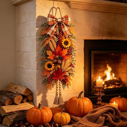Rustic Wooden Fall Door Swag with Sunflowers, Maple Leaves & Acorns