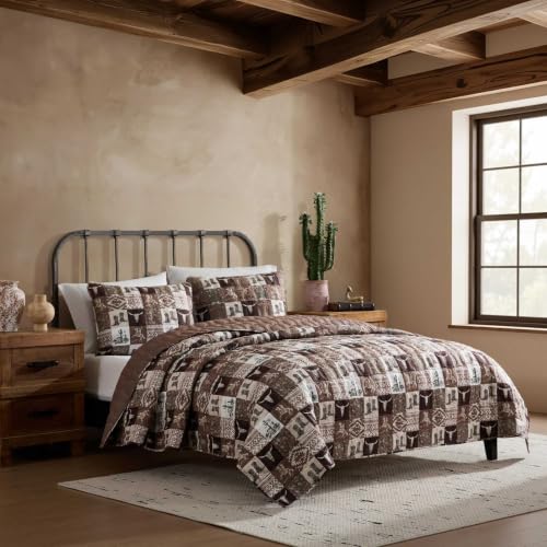 Queen Reversible Quilt Set with Matching Shams - Western Patch Design, Fall Brown