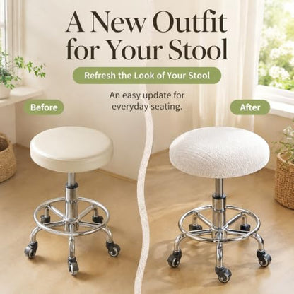 Beige Elastic Linen Textured Round Bar Stool Cover - Fits 10-14 Inches (S)