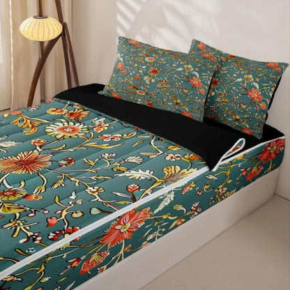 Kids Zipper Bedding Set Full Green Yellow Floral Comforter & Sheet