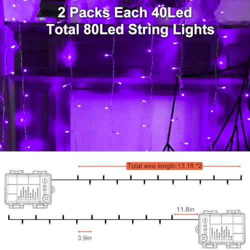 Purple Fairy String Lights Battery Operated Halloween Decor - 26ft with 8 Modes