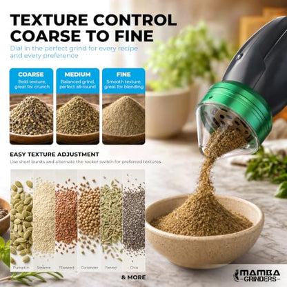 Mamba Electric Seed Grinder USB-C Rechargeable Spice Mill Gray Anchor Green & Gray