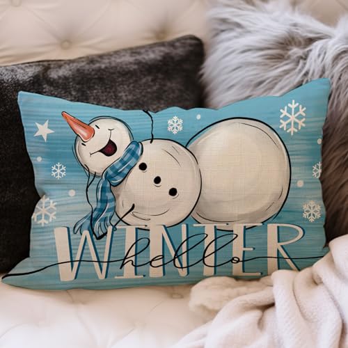 Hello Winter Snowman Blue Lumbar Throw Pillow Cover 12x20 Pack of 4
