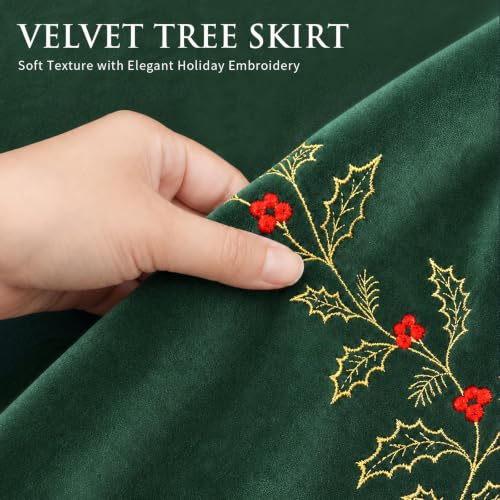Christmas Tree Skirt 36 Inch Green Velvet with Embroidered Holly Leaves - Leaf Green