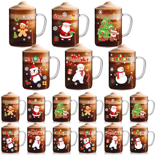 24 Pcs Christmas Glass Coffee Mugs 16 Oz with Handle Winter Theme Set - Santa Snowman Elk
