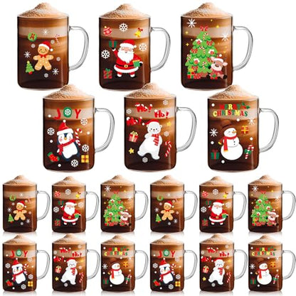 24 Pcs Christmas Glass Coffee Mugs 16 Oz with Handle Winter Theme Set - Santa Snowman Elk