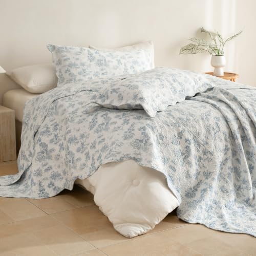 Lady Ann Oversized Floral King Bedspread Set - Light Blue 120x120 Inches, 3 Piece Cotton Quilt with Scalloped Edges, California King Variation