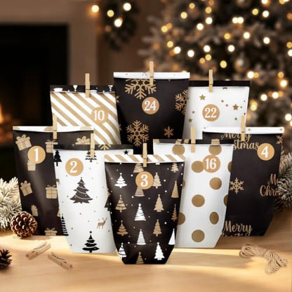 Christmas Advent Calendar Gift Bags Set with 24 Number Stickers & Wooden Clips