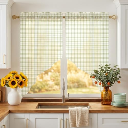 Sage Green Checkered Swag Curtains 28W x 36L Set - Farmhouse Semi-Sheer Window Valances