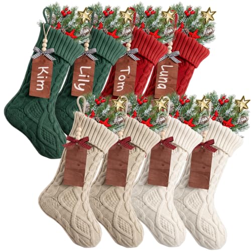 Large Christmas Stockings with Name Tags - 8 Pack in Red, Green, White, Khaki