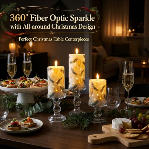 Fiber Optic LED Candle Lights with Remote Control for Christmas Decor - Set of 3