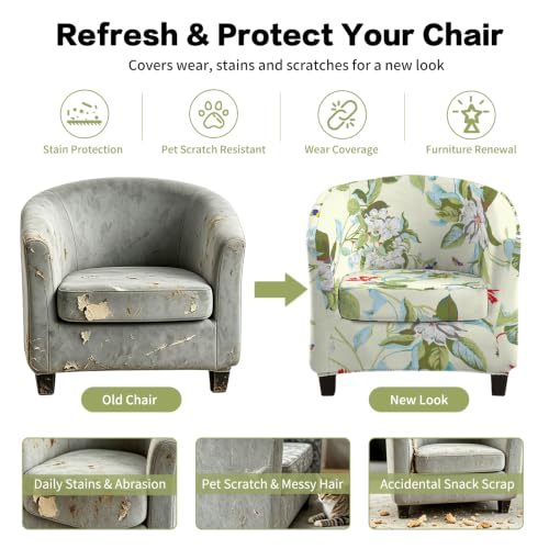 Stretch Printed Club Chair Cover 2-Piece Barrel Armchair Slipcover - Vintage Garden Floral A04