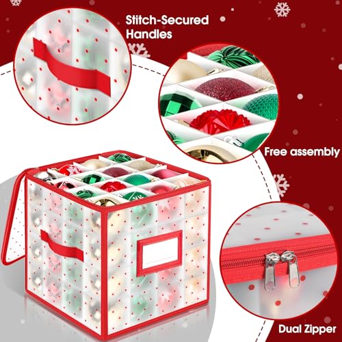 Christmas Ornament Storage Box with Adjustable Dividers - 2 Pack, Red & White