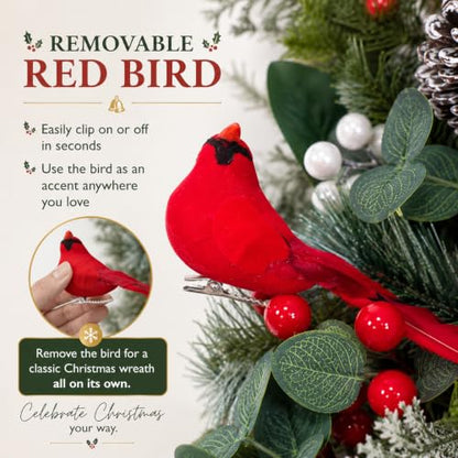 28-Inch Cardinal Winter Wreath with Berries for Front Door Christmas Decor