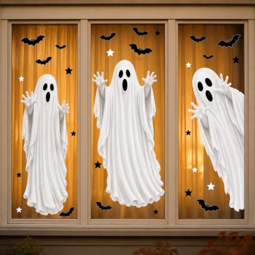 Halloween Ghost Window Clings - Large Mirror Decals with Bats - Holiday Variation