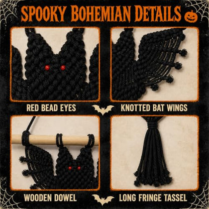Halloween Boho Macrame Bat Wall Hanging - Black Bat Variation