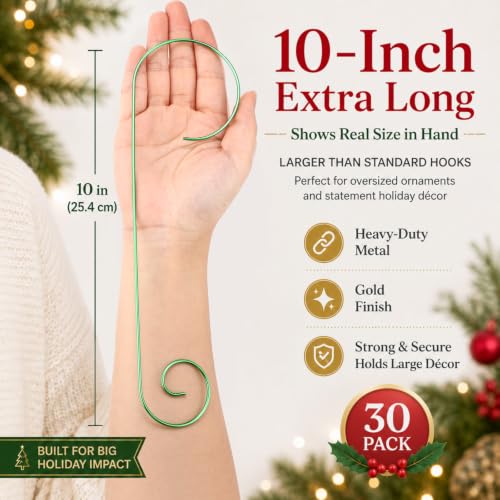 Heavy Duty 10 Inch Green Christmas Ornament Hooks - 30 Pack, Outdoor Support