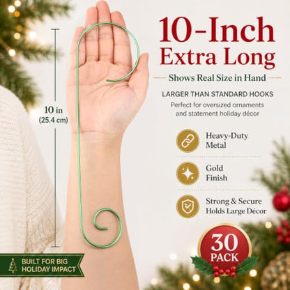 Heavy Duty 10 Inch Green Christmas Ornament Hooks - 30 Pack, Outdoor Support