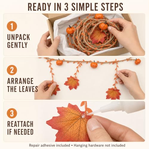 Fall Pumpkin Garland with Hanging Maple Leaves - 6.6 FT Decorative Autumn Decor