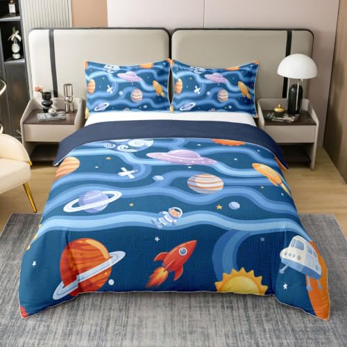 Space Planet Rocket Twin Cotton Duvet Cover Set - Blue Variation