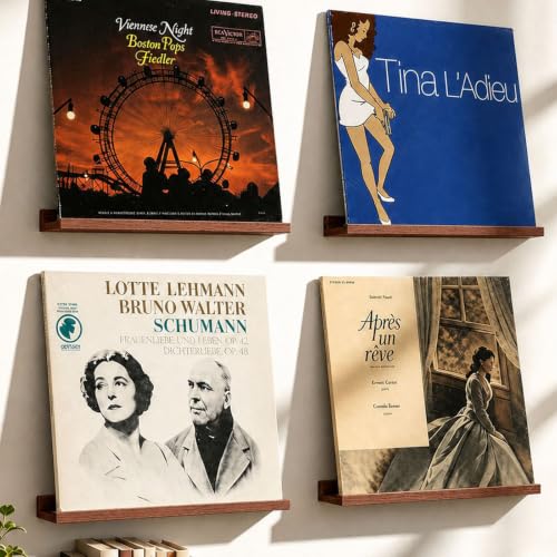 Wall Mount Vinyl Record Shelf - 6 Pcs Rubberwood, Dark Brown Finish