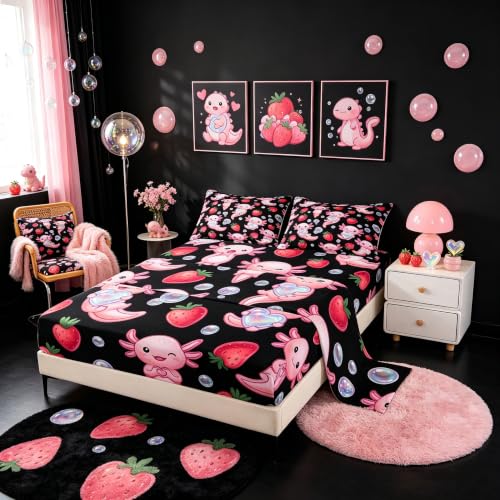Kids Twin Bed Sheets Set with Deep Pockets - Black Pink Red - 3Pcs