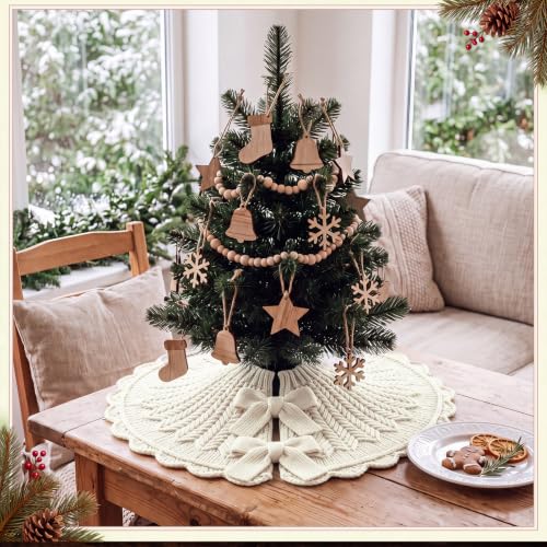 Small Knitted Christmas Tree Skirt - 18 Inch Vintage Farmhouse White