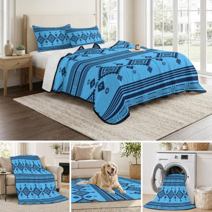 Twin Size Quilt Bedding Set - Blue Azure Boho Southwestern Vintage Zigzag
