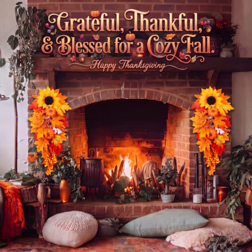 Cindeer 2 Pcs Fall Teardrop Swags for Front Door Decor Sunflowers Pumpkin