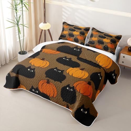 Halloween Black Cat Quilt Set with Orange Accents - King Size Bedding with Pillowcases