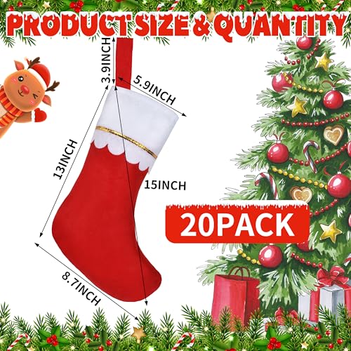 Christmas Stockings Bulk 20 Pack - Red with White Cuff & Gold Trim - Holiday Decorations