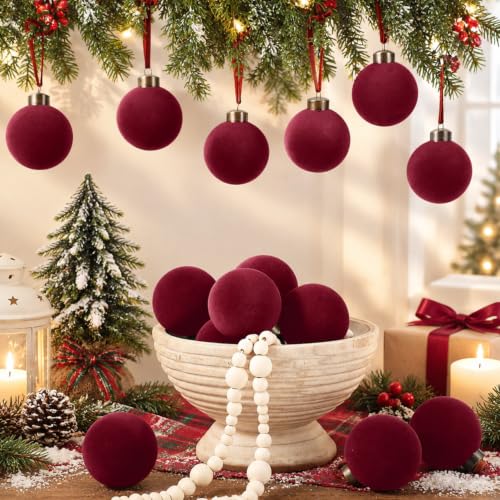 15 Pcs Velvet Christmas Balls - Burgundy Flocked Ornaments with Hanging Ropes, 3.15 Inch