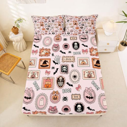 Manfei Halloween Kids Fitted Sheet Set Twin Pink Orange with Ghost Pumpkin - Deep Pocket Bedding
