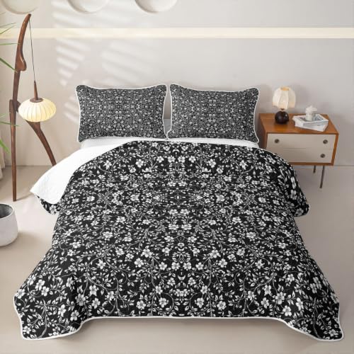 Black Floral Quilt Set 3 Pieces Queen Size All Season Bedding with Pillowcases