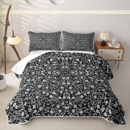 Black Floral Quilt Set 3 Pieces Queen Size All Season Bedding with Pillowcases