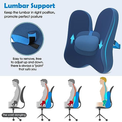 jiaao Lumbar Support Pillow Office Chair and Car Seat Back Support, Ergonomic Back Cushion Promotes Back Pain Relief - Memory Foam with Adjustable Strap and Small Support Cushion - Blue