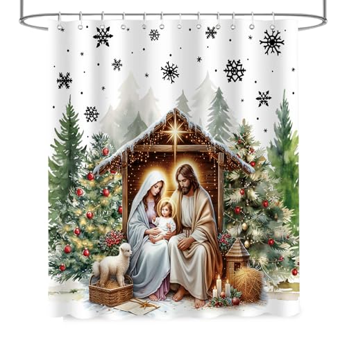 Christmas Birth of Jesus Shower Curtain with Snowflake Forest Design - Waterproof Polyester, 72x72 in