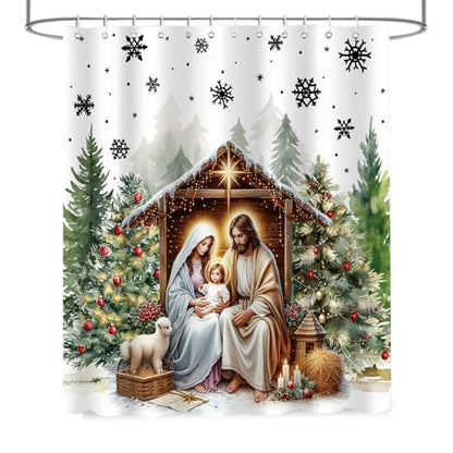 Christmas Birth of Jesus Shower Curtain with Snowflake Forest Design - Waterproof Polyester, 72x72 in