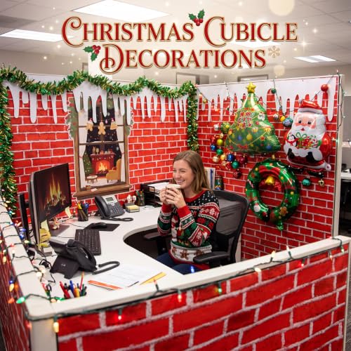 Red Brick Office Cubicle Christmas Decoration Set - 17 Pcs with Balloons & Wreath